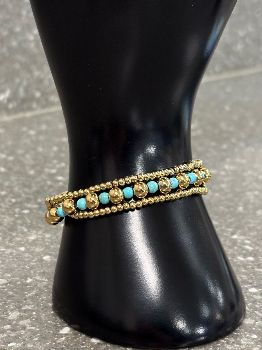 Plunder Bohemian Elastic Bracelet Stack Jasmine Mini Beads Gold Tone Turquoise